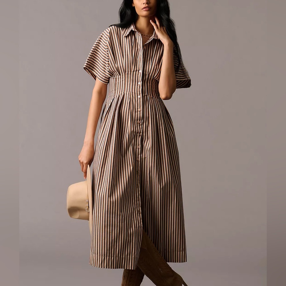 EXQUISE Anthropologie The Tobie Button-Front Pleated Shirt Dress in Brown Motif